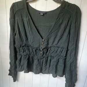 American Eagle Forest Green Crop Lace Buttoned Blouse